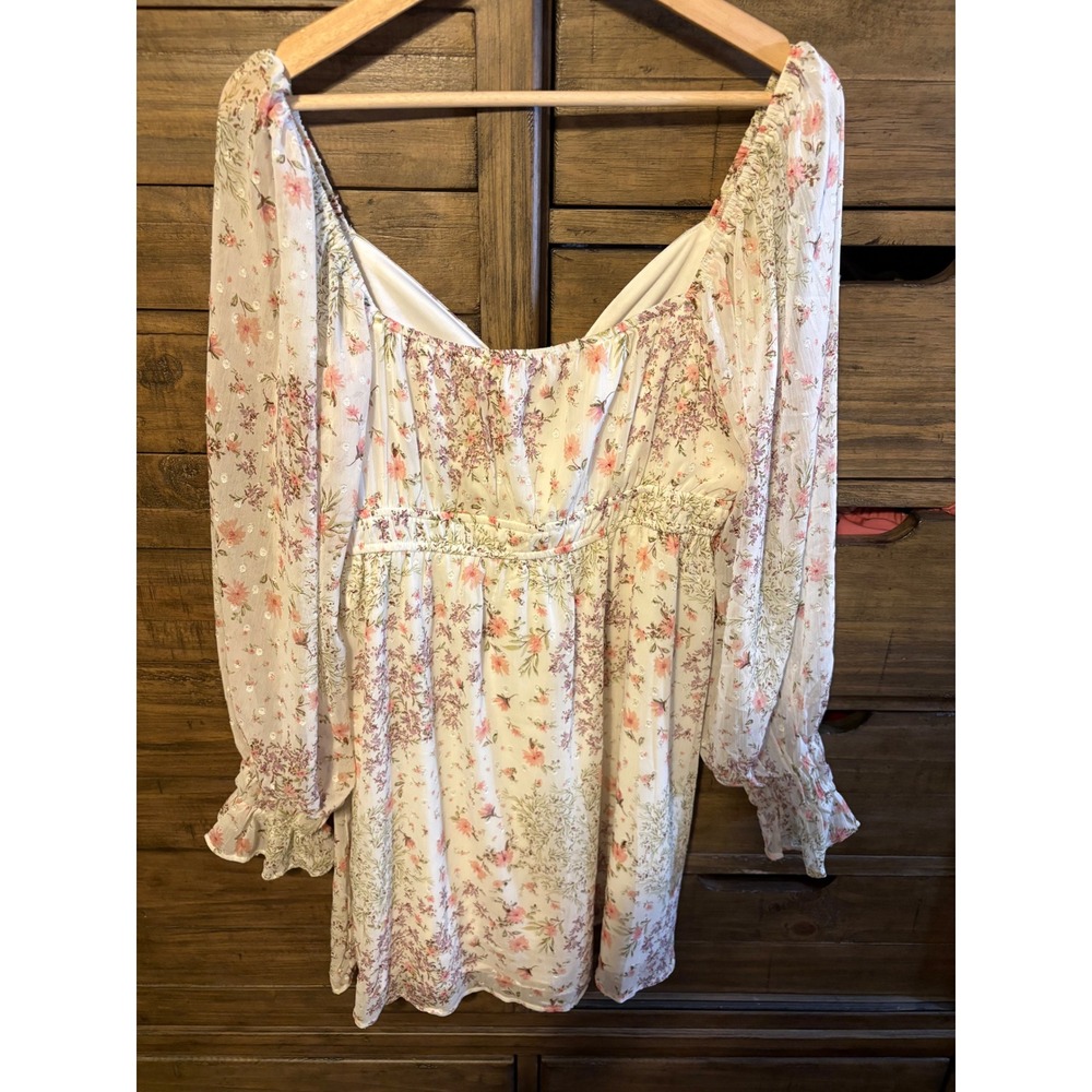 Mi Ami Floral Clip Dot Mini Dress Cream Pink Long Sleeve Empire Waist Large - Picture 5 of 5